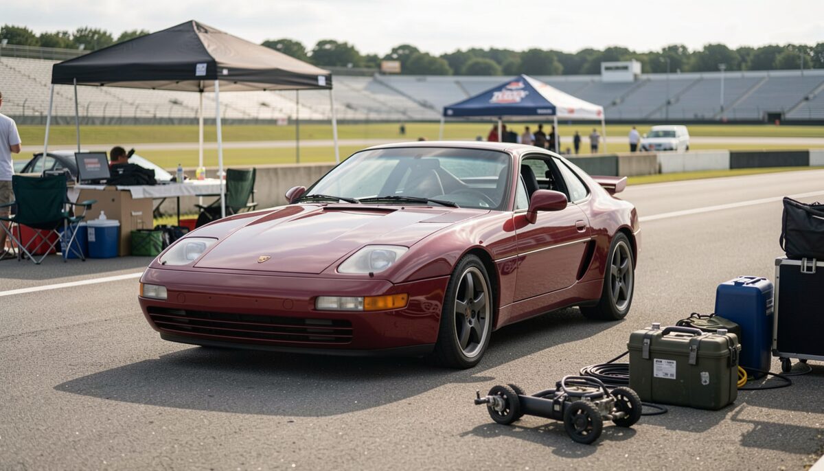 A maroon Porsche 944 parked on race track pit lane asphalt with pop-up tents, folding chairs and tool cases nearby, a wheel dolly and coiled cables on the ground in front of it, empty grandstands in the background.