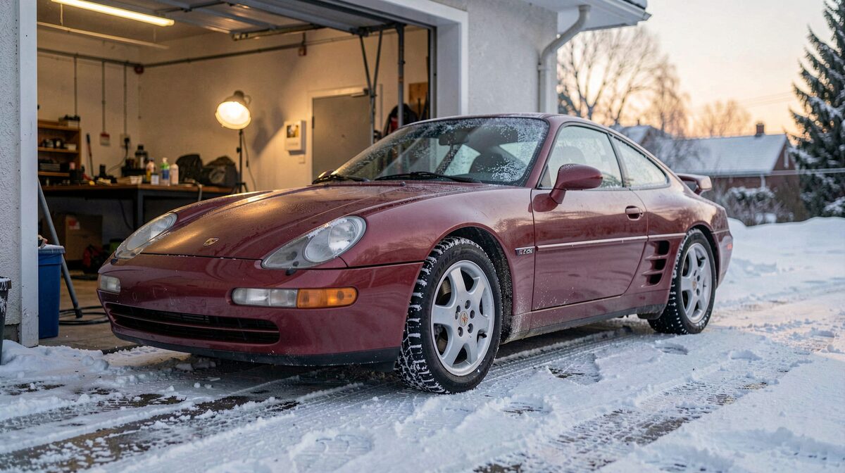 A Porsche 944 parked on a snow-dusted garage apron at dawn, winter tyres fitted, frost on the windows, a work light glowing inside the open bay door, shot from a low three-quarter angle.