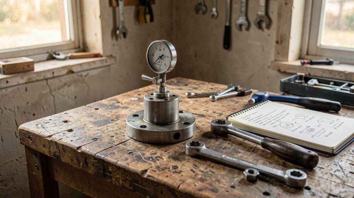 A workbench in a small garage, a dial indicator on a magnetic base touching a wheel hub, a torque wrench and a notebook with handwritten figures beside it, low afternoon light from a side window, medium close shot.