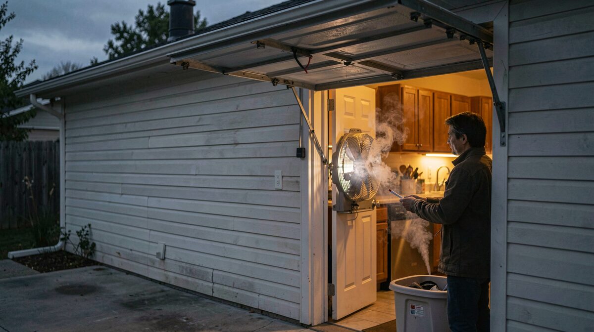 A home garage at dusk with the overhead door raised a metre, a box fan set in the opening blowing outward, a smoke pencil held near the person door to the house, and warm light from the kitchen spilling through the gap.