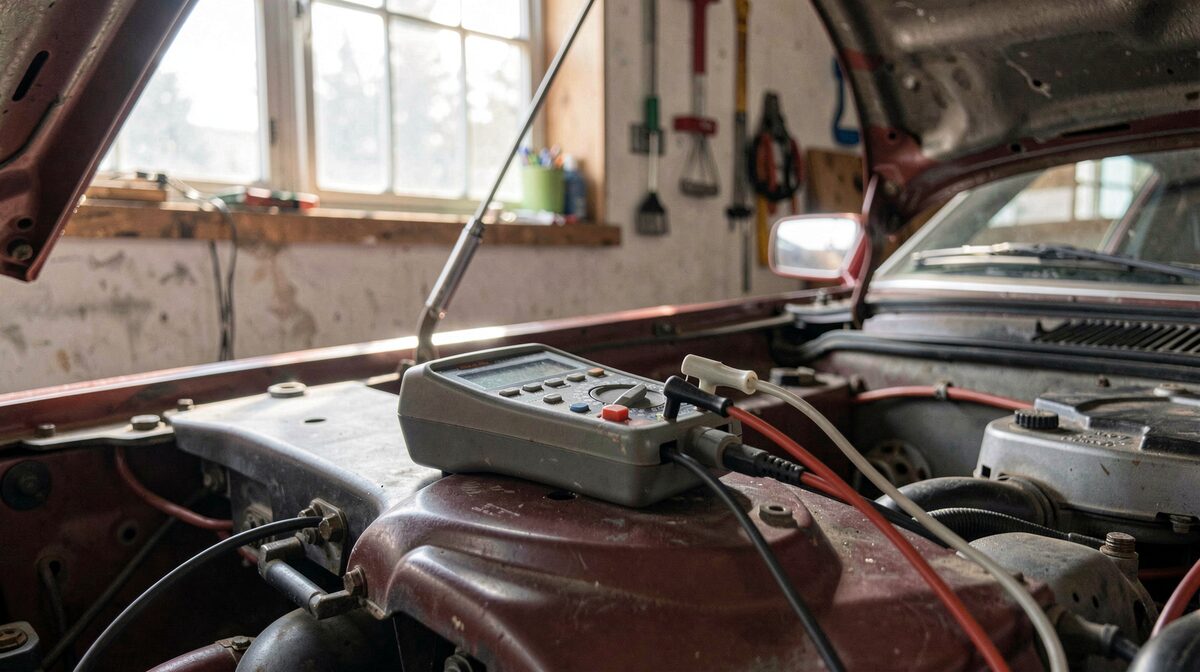 A multimeter with back-probe pins resting on the open hood of a 1980s sports car in a small Canadian workshop, one probe touching a grey connector pin, morning light through a side window.