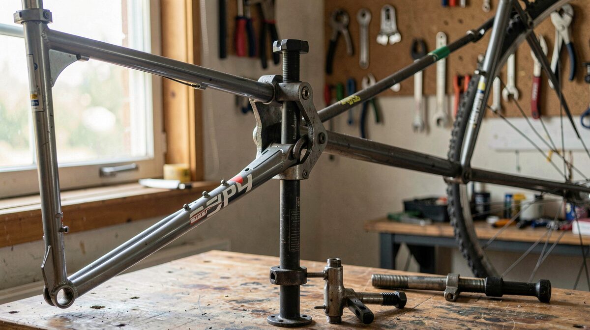 A bicycle repair stand clamped to a seatpost in a small workshop, morning light through a side window, the frame indexed sideways with a bottom bracket tool resting on the bench below, shot at waist height with the clamp in sharp focus.